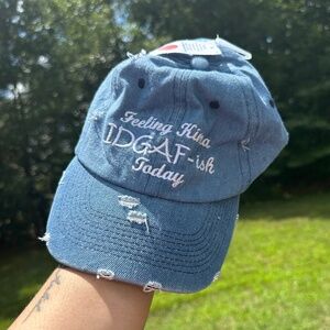 Distressed Denim Hat with Quote